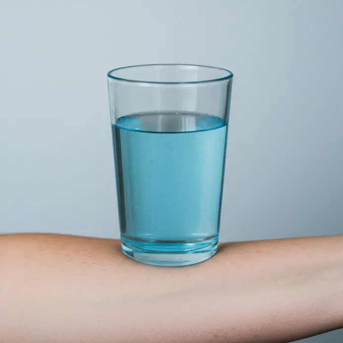 A full glass of water placed next to a closed bottle of aspirin and ibuprofen on a counter.