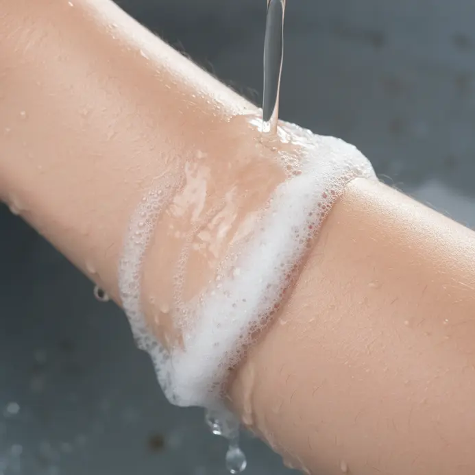 A bar of mild, fragrance-free soap being used to lather an arm in a shower.