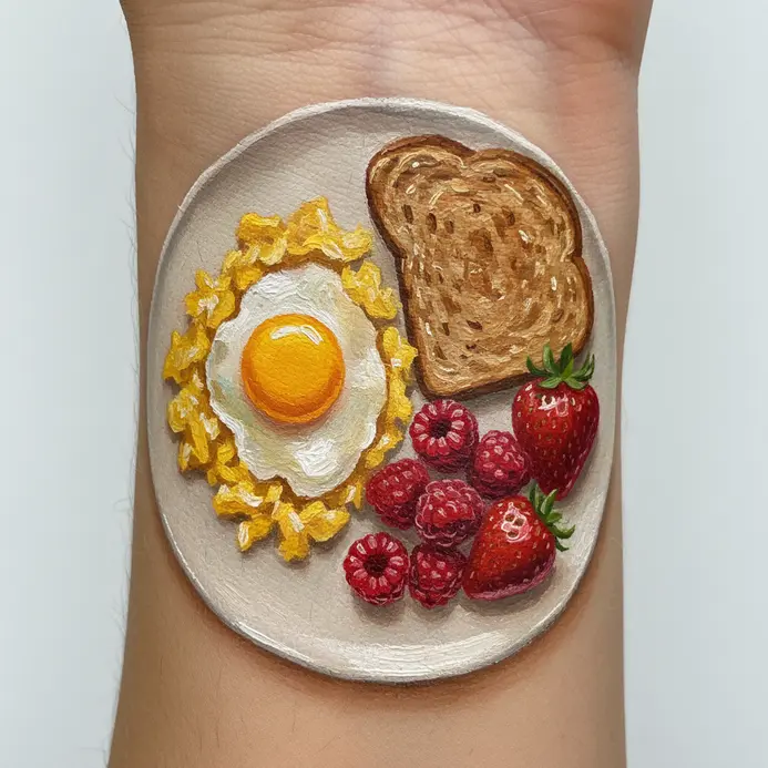 A simple plate of scrambled eggs, whole wheat toast, and fruit ready to eat.