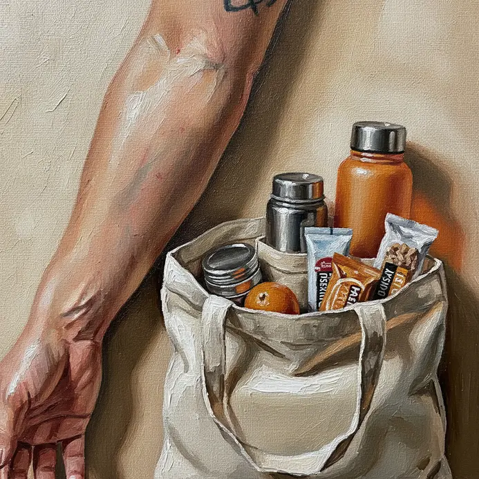 An open canvas tote bag containing a reusable water bottle, a packet of nuts, and a phone charger.