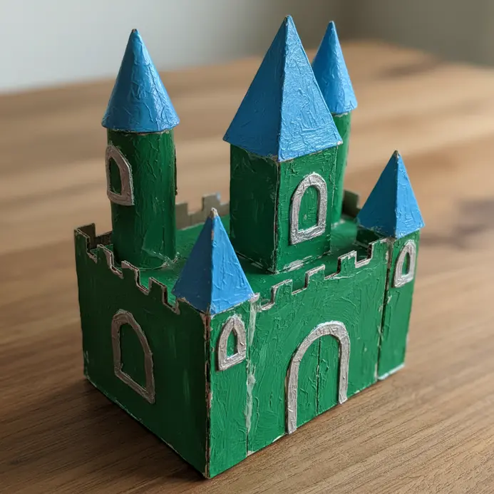 A child's painted cardboard castle with cone-shaped towers and drawn-on windows.