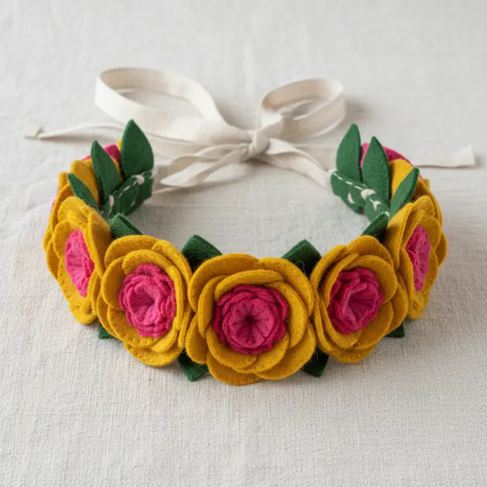 A band of green felt forming a crown, adorned with bright felt flowers and leaves.