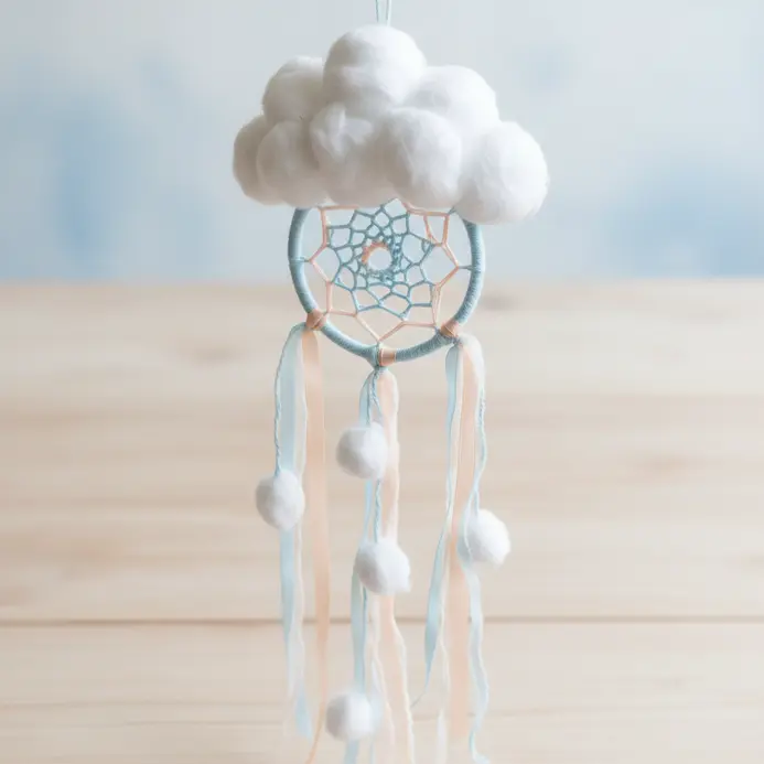 A small embroidery hoop with yarn web, fluffy cotton ball clouds, and hanging ribbons.