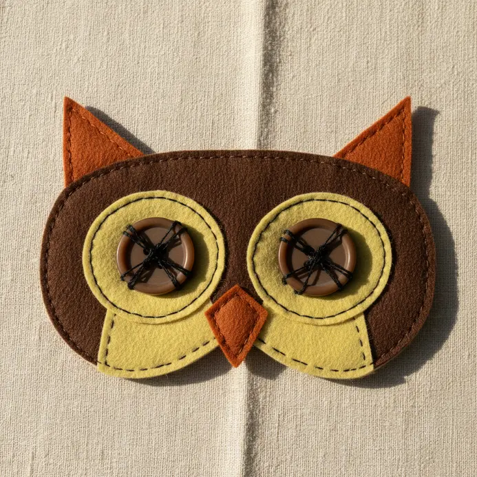 A cut-out felt owl face with large, mismatched buttons for eyes and a felt beak.