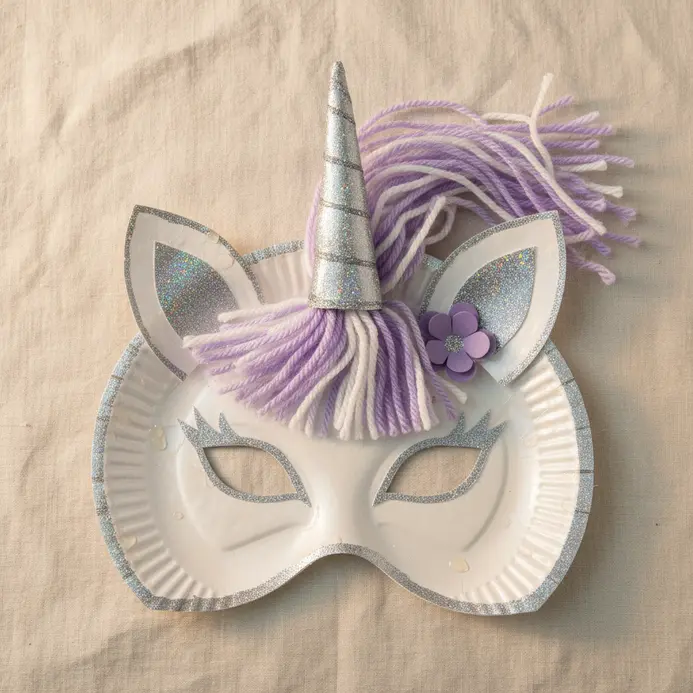 A paper plate mask decorated as a unicorn with a glittery horn and yarn mane.
