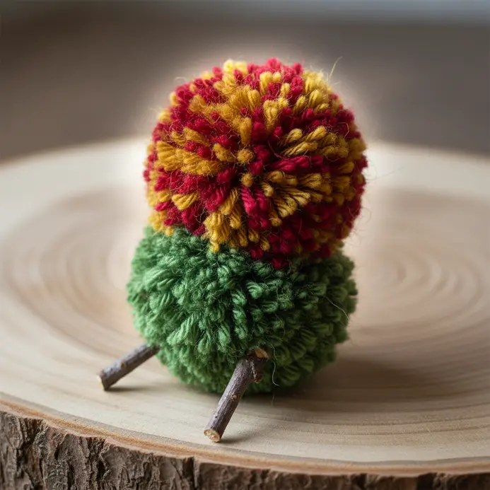 Several small yarn pom poms glued together to form a creature with stick legs and bead eyes.