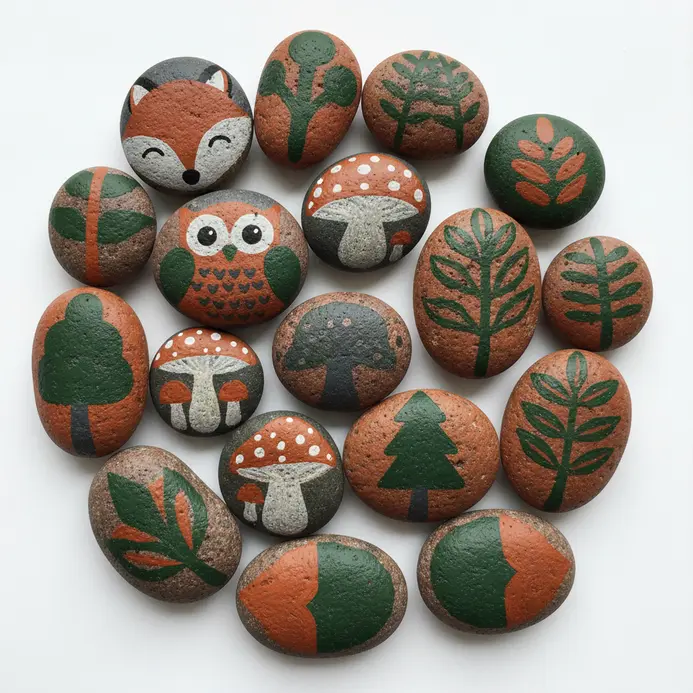 Several smooth stones painted with simple fox, mushroom, and tree designs.