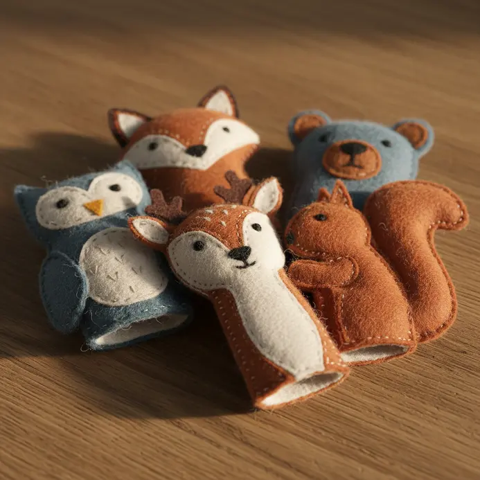 Simple felt finger puppets shaped like a fox, a rabbit, and an owl.