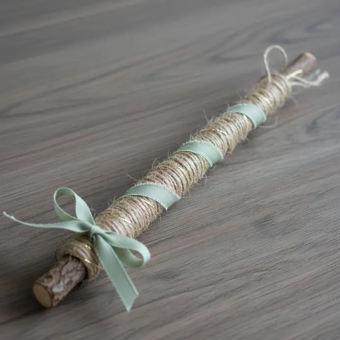 A slender stick wrapped tightly with brown twine and a trailing satin ribbon.