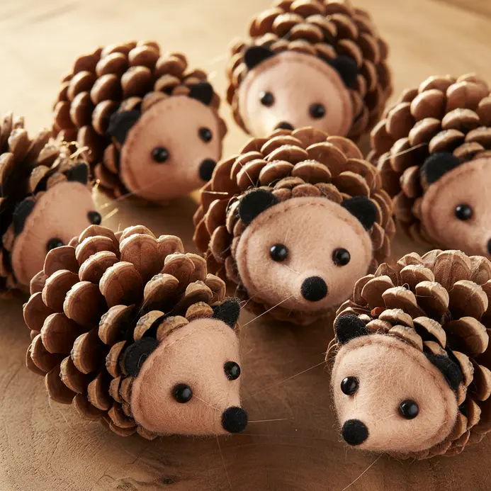 Three pinecones with glued-on felt ears, googly eyes, and pipe cleaner legs.
