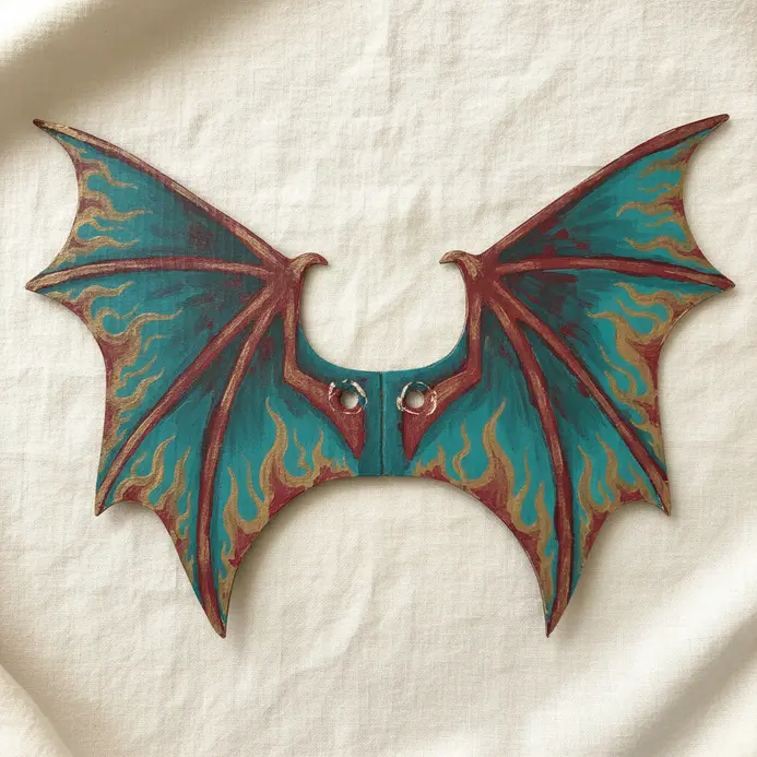 A child wearing large, painted cardboard wings shaped like dragon wings.