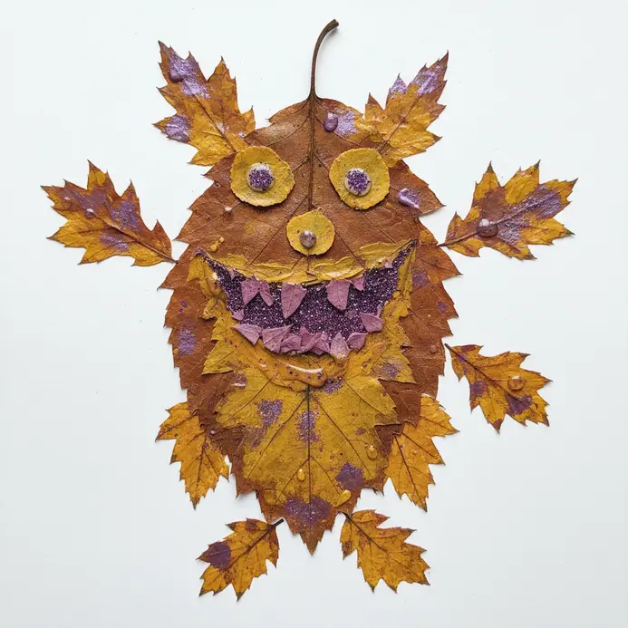Real leaves glued to paper, decorated with glitter glue mouths and googly eyes.