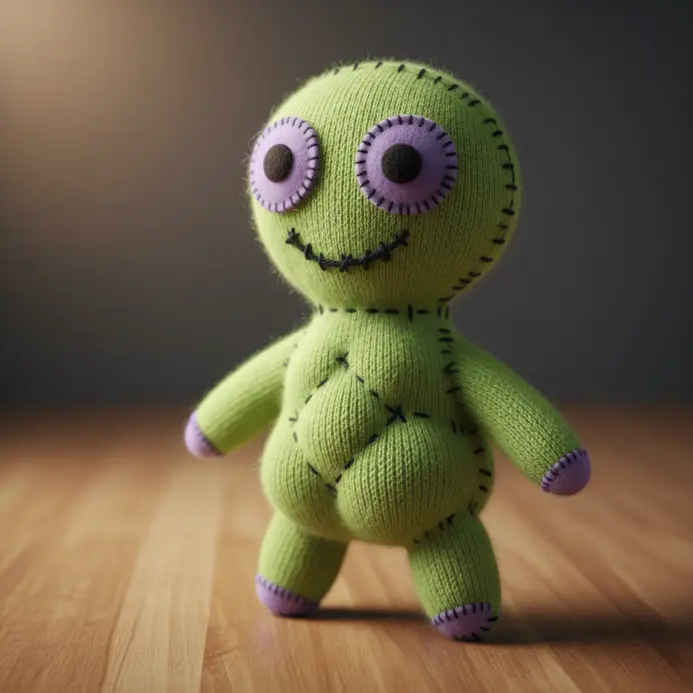 A green sock stuffed and sewn into a simple alien shape with button eyes.