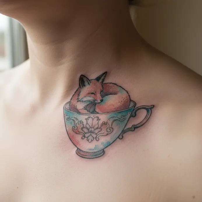 A whimsical tattoo of a fox nestled in a teacup with soft watercolor shading on the collarbone.