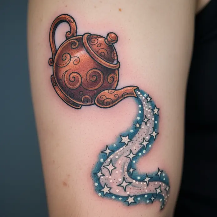 A whimsical bicep tattoo showing an animated teapot pouring a stream of tiny constellations.