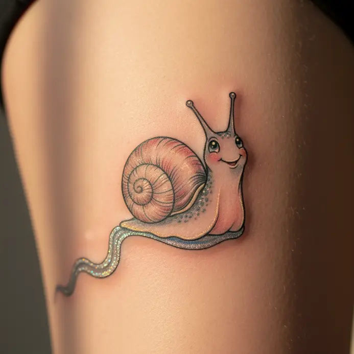 A colorful thigh tattoo of a cheerful snail leaving a glittering, shimmering trail behind it.