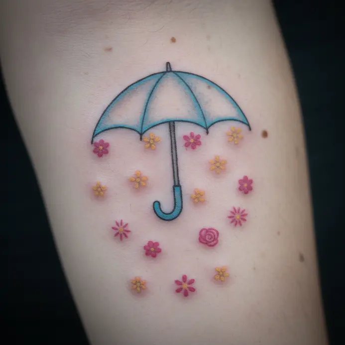 An illustrative forearm tattoo showing an open umbrella from which a shower of tiny, colorful flowers falls.