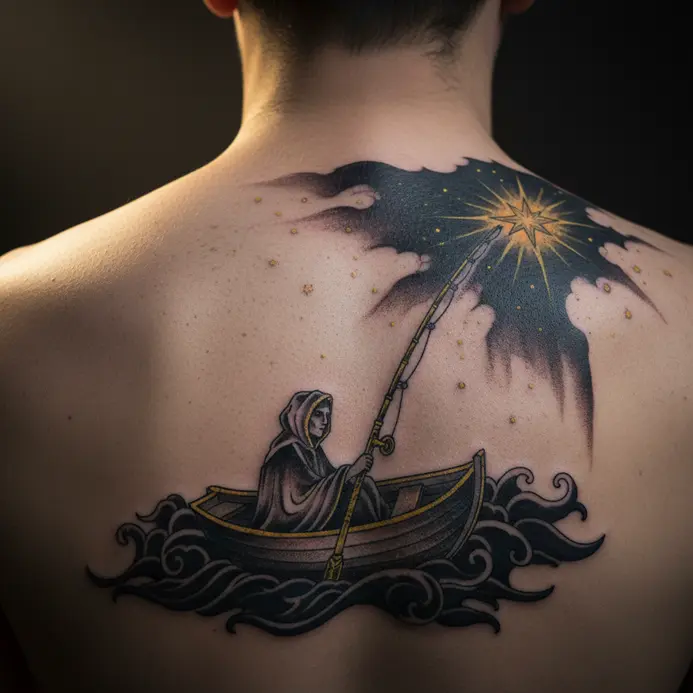 A whimsical back piece tattoo depicting a person in a boat, fishing a star out of a night sky.