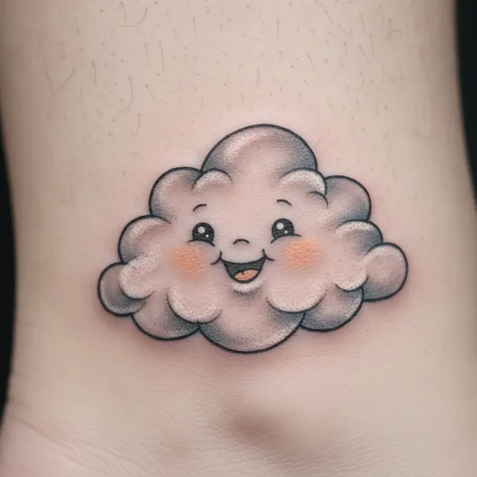 A cute and simple ankle tattoo of a fluffy cloud with a friendly, smiling face.