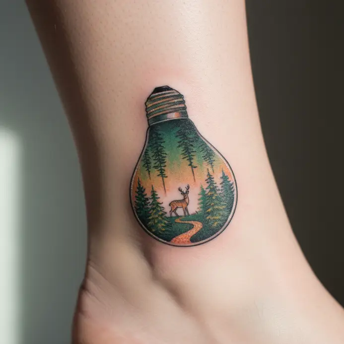 A detailed ankle tattoo showing a miniature forest or mountain scene encapsulated within the glass of a lightbulb.