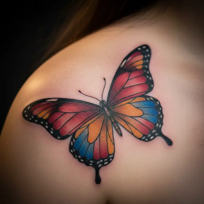 A vibrant shoulder tattoo of a butterfly whose wings are designed like colorful, leaded stained glass.