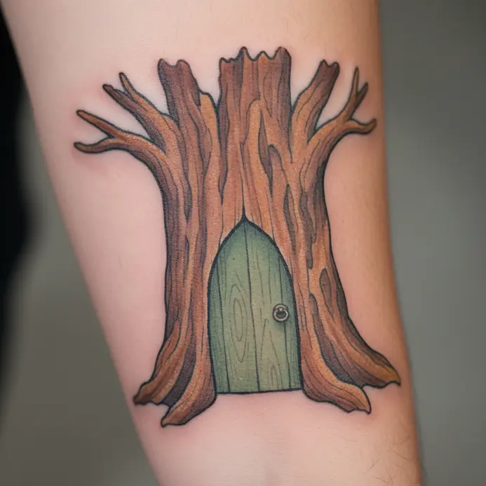 An illustrative forearm tattoo of a large tree trunk with a tiny, detailed door set into its bark.