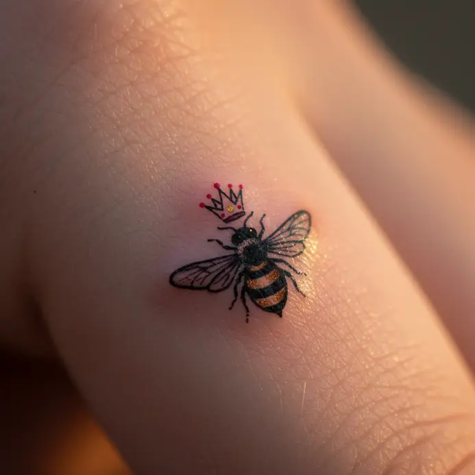 A tiny, fine-line finger tattoo depicting a bee wearing a delicate, miniature crown.