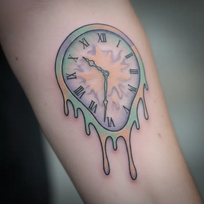 A surrealistic tattoo of a dripping, melting clock rendered in soft shades of pastel pink, blue, and yellow.