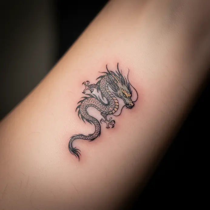 A minimalist fine-line tattoo depicting a tiny, intricate dragon on the arm.