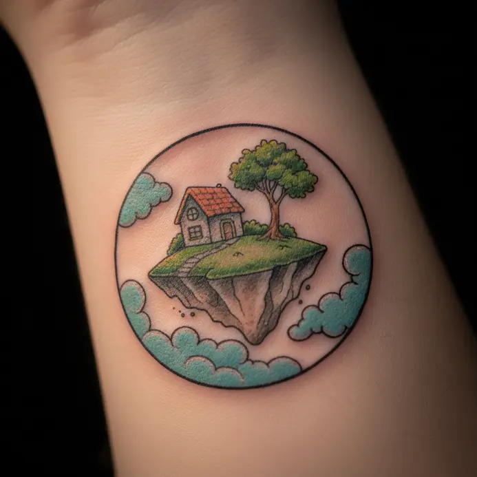 A whimsical wrist tattoo showing a small floating island of earth with a tiny cottage and a single tree.
