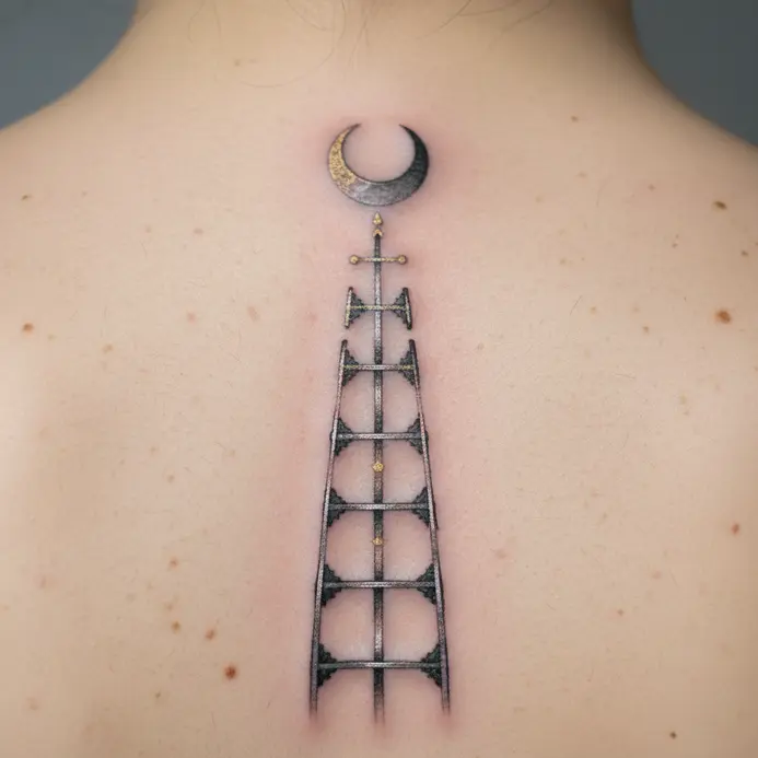 A delicate linework tattoo along the spine depicting a long ladder reaching up towards a crescent moon.