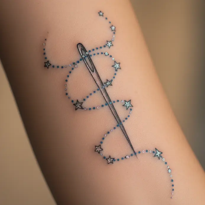 An illustrative tattoo showing a sewing needle and thread stitching a dotted line that forms star constellations.