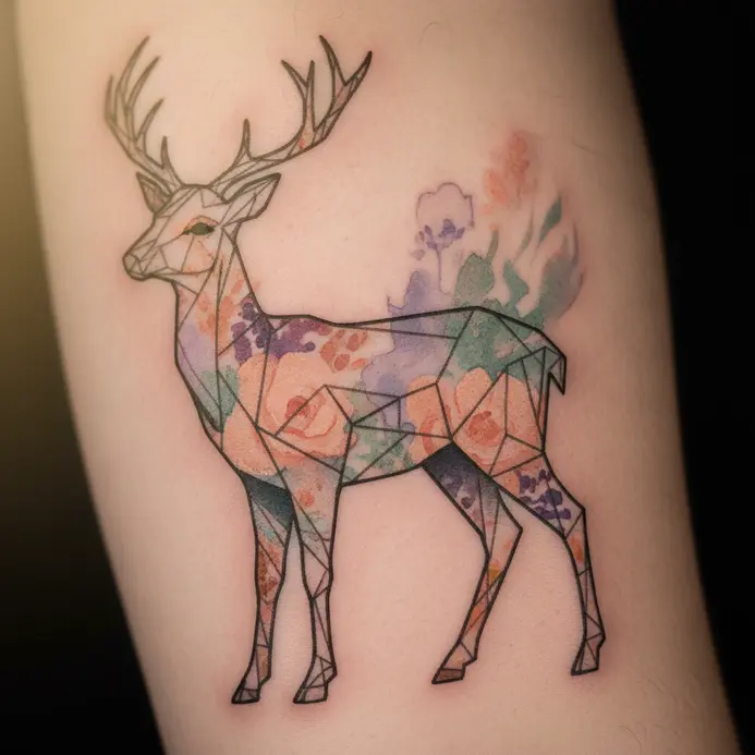 A tattoo of a deer composed of polygonal shapes, with the interior spaces filled with soft watercolor florals.