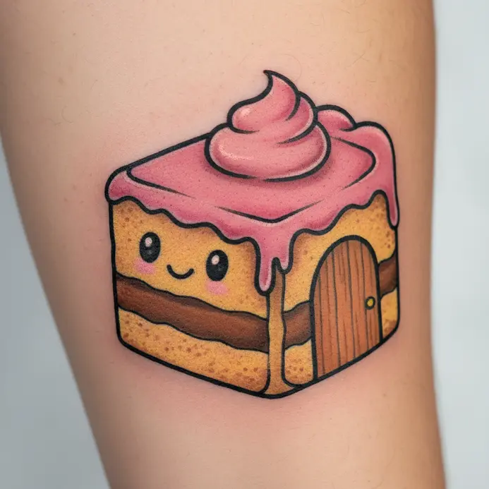 A playful tattoo depicting an animated slice of cake with a cheerful face and a small door in its side.