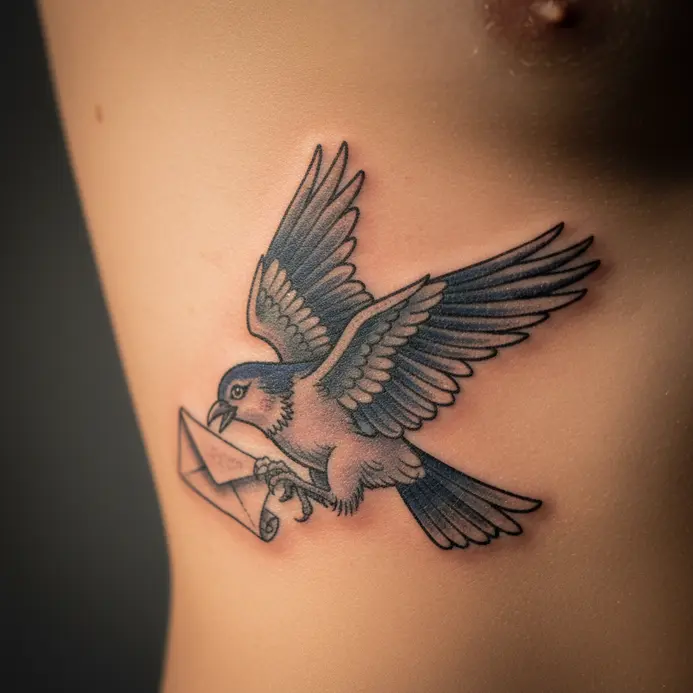 A whimsical tattoo along the ribcage showing a bird in flight, clutching a sealed letter in its beak.