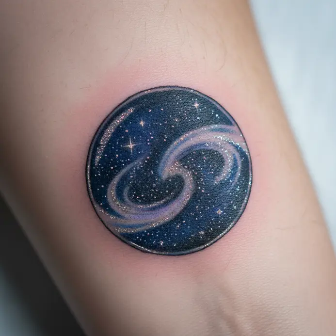 A whimsical wrist tattoo showing a crystal ball containing a swirling galaxy of stars.