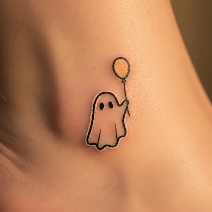 A minimalist black line tattoo on the ankle of a cute ghost holding a small balloon.