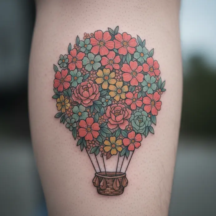 A colorful calf tattoo depicting a hot air balloon basket crafted from a patchwork of blooming flowers.
