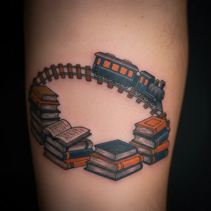 An illustrative tattoo along the inner forearm showing a tiny train traveling along tracks made of books.