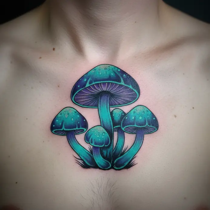 A central sternum tattoo featuring a cluster of mushrooms with soft, glowing highlights.