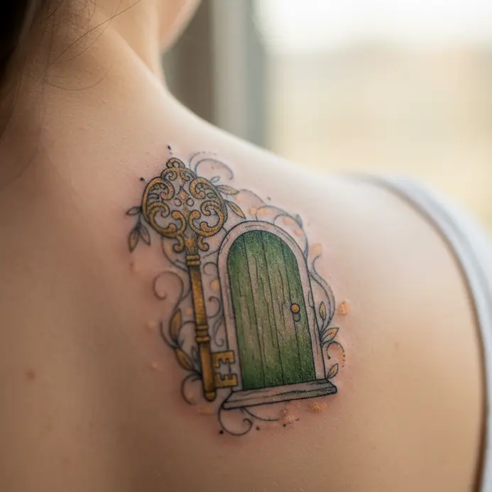 A whimsical tattoo on the shoulder blade depicting an ornate key unlocking a small, magical door.