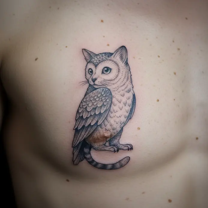A delicate fine-line tattoo along the ribcage of a hybrid creature combining cat and owl characteristics.