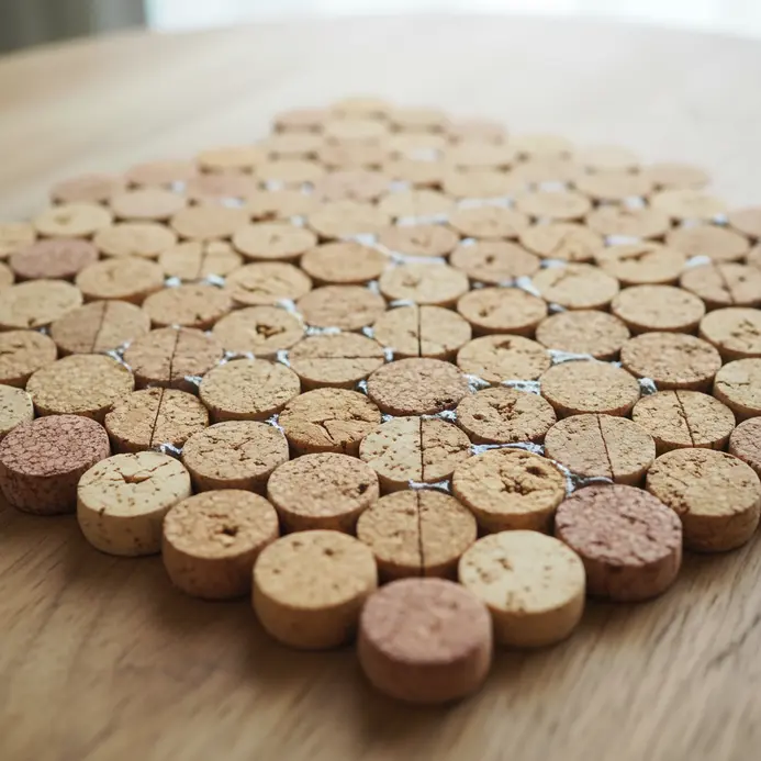 A close-up of a hexagonal trivet made from sliced wine corks arranged in a mosaic pattern.