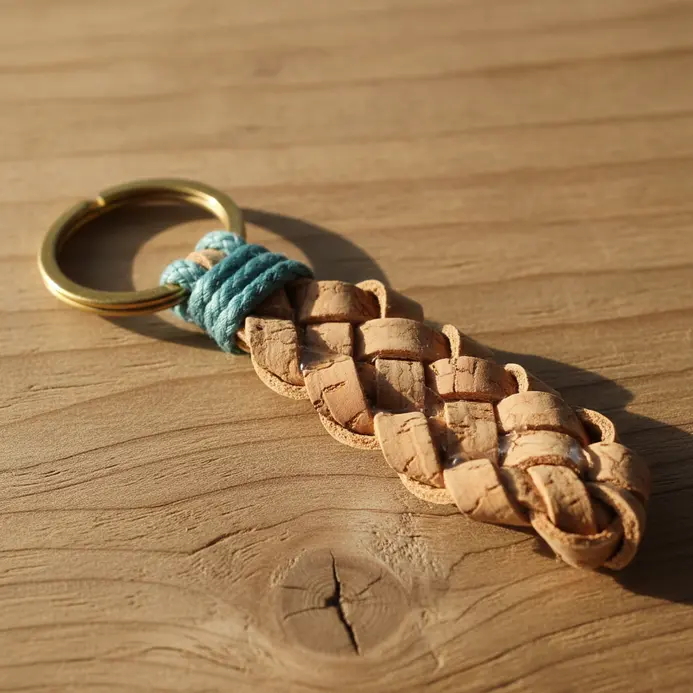 A small, braided keychain charm made from thin strips of wine cork attached to a metal ring.