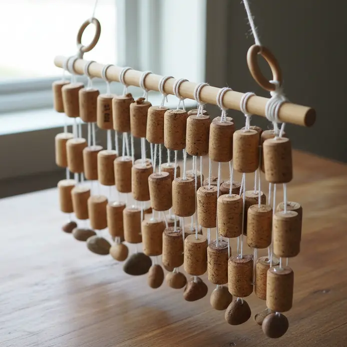 A series of strings hung from a wooden rod, each with wine corks threaded at intervals to create a floating room divider.