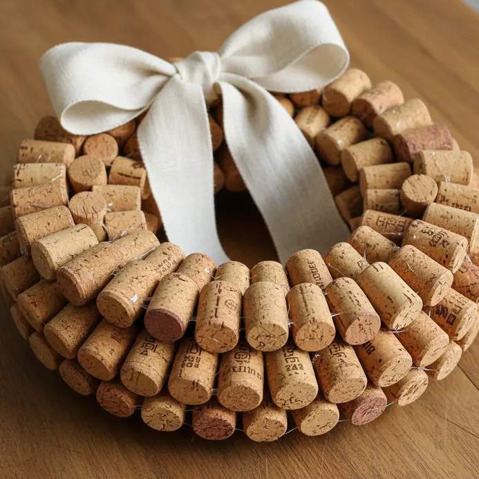 A rustic wreath form completely covered with whole wine corks, suitable for hanging on a door.