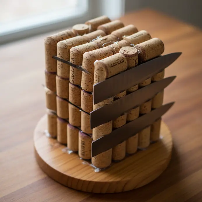 A rectangular knife block made from upright wine corks glued together, with slots for holding kitchen knives.