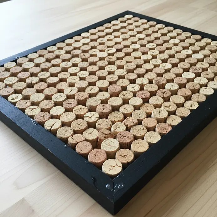 A rectangular picture frame filled with a solid panel of sliced wine corks, creating a functional bulletin board.