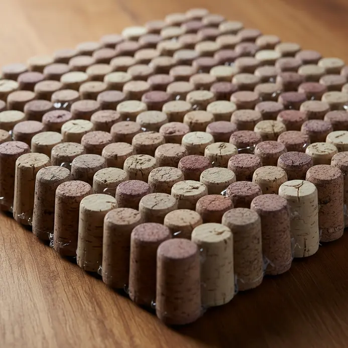 A rustic rectangular bath mat constructed from whole wine corks glued together in an upright position.