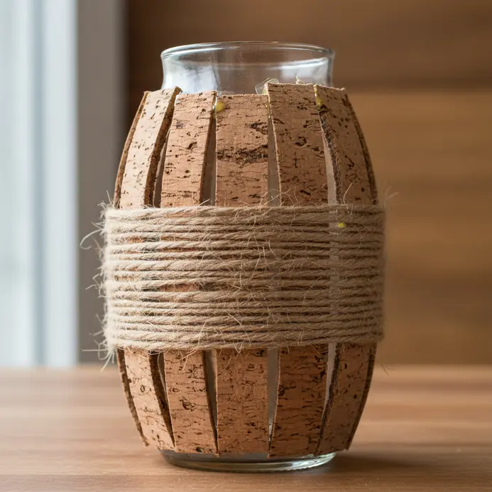 A cylindrical glass vase completely wrapped in vertical strips of wine cork, secured with twine.
